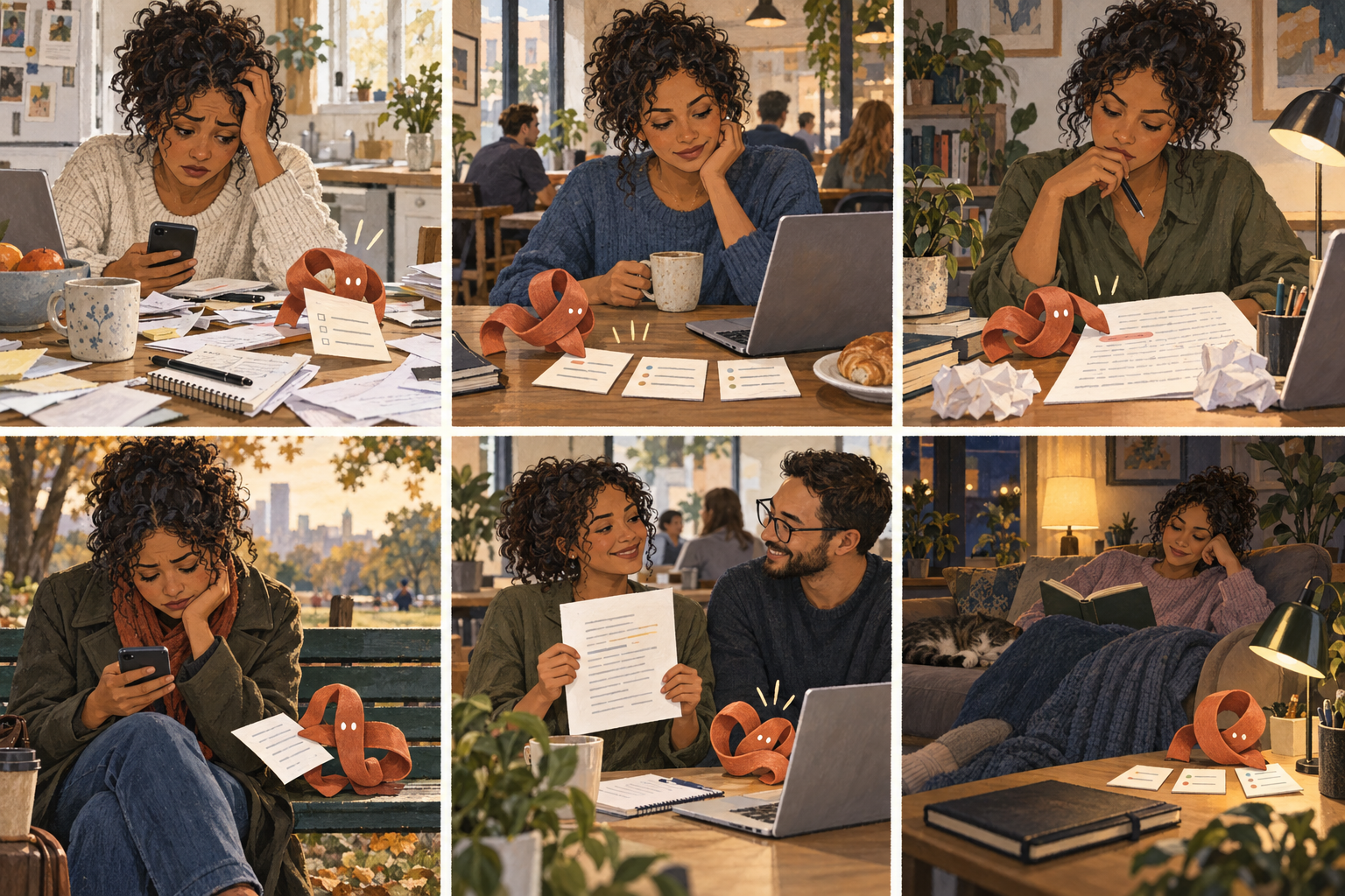 Six drawn scenes show an unnamed companion helping an adult through overwhelm, preparation, a difficult decision, rejection, a small win and evening rest.